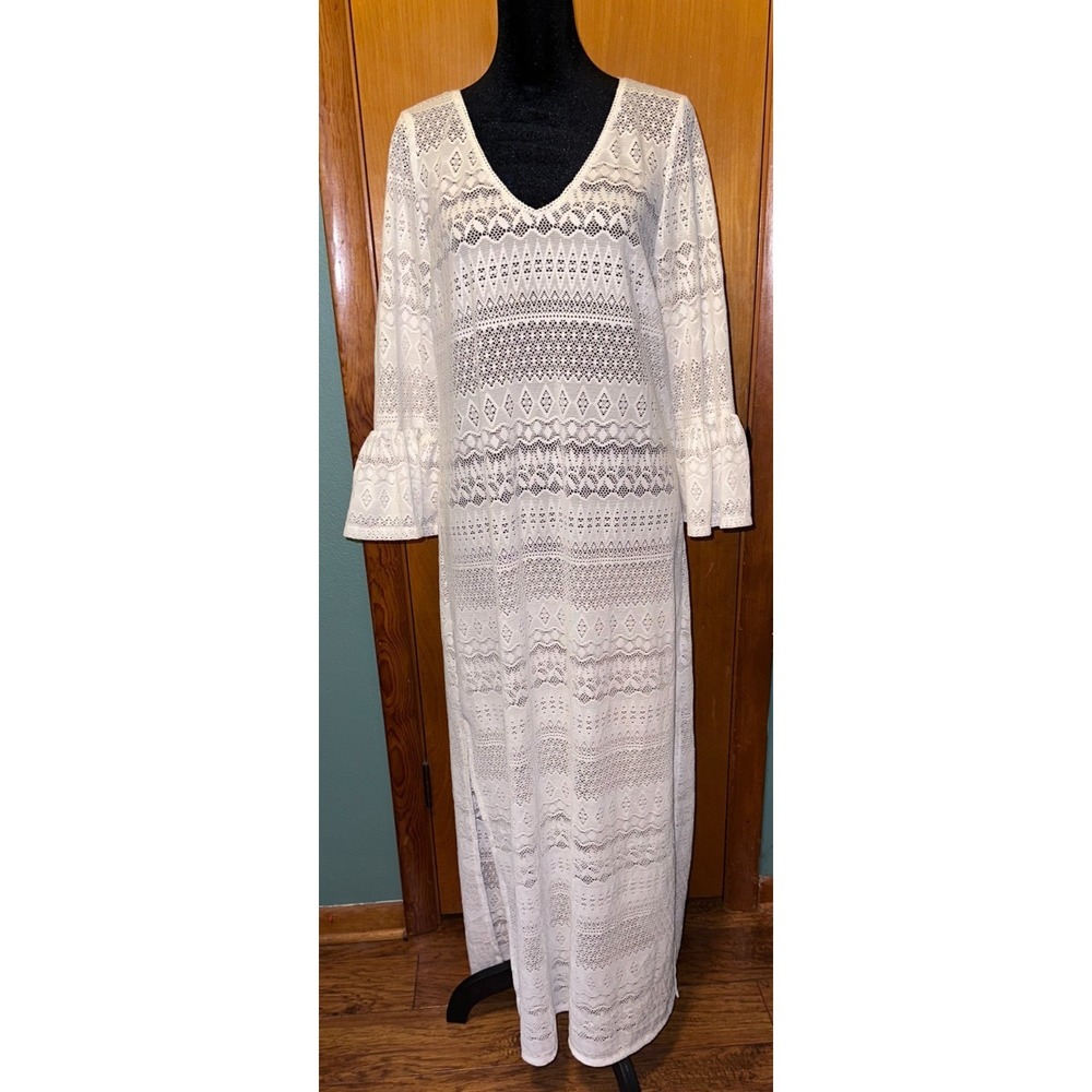 World Market Womens White Lace Crochet Maxi Swimsuit Beach‎ Cover Up Dress S/M